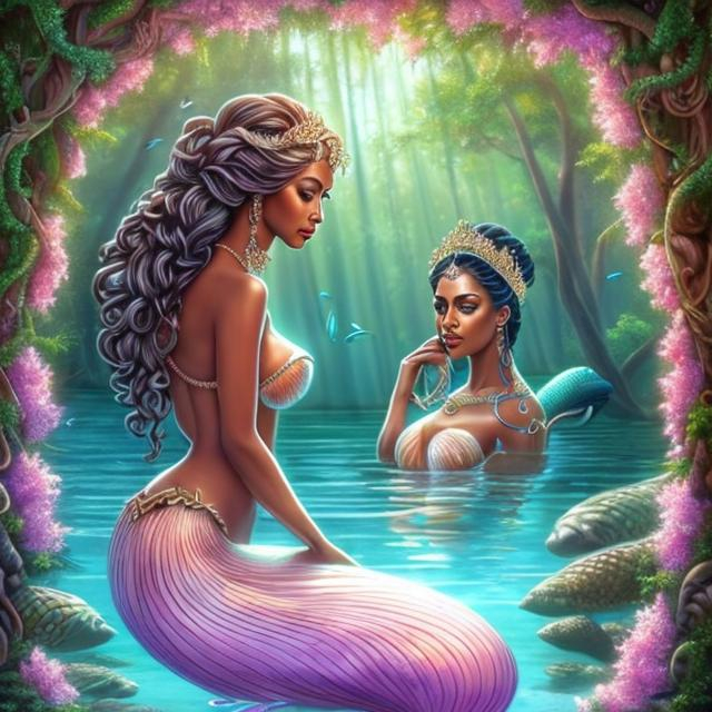 Prompt: HD 4k 3D, hyper realistic, professional modeling, ethereal Greek goddess of fresh water, pink bun hair, brown skin, gorgeous face, gorgeous mermaid, freshwater jewelry and laurel headpiece, full body, ambient glow, streams and brooks with laurel trees, mermaid, landscape, detailed, elegant, ethereal, mythical, Greek, goddess, surreal lighting, majestic, goddesslike aura