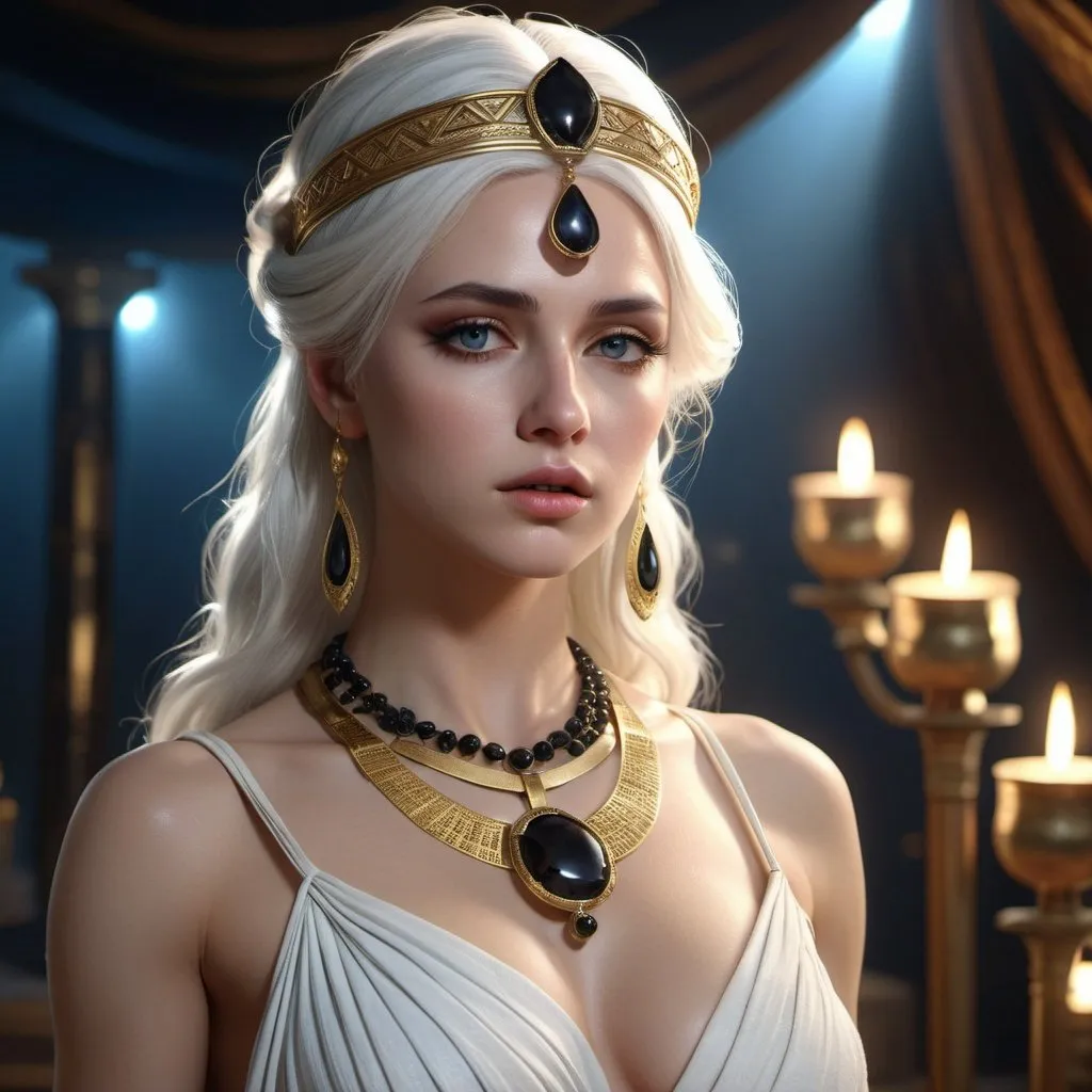 Prompt: HD 4k 3D, 8k, hyper realistic, professional modeling, ethereal Greek Goddess Briseis, white hair, pale skin, gorgeous glowing face, slavegirl outfit, black gemstone jewelry and diadem, concubine, ancient tent, surrounded by ambient divinity glow, detailed, elegant, mythical, surreal dramatic lighting, majestic, goddesslike aura