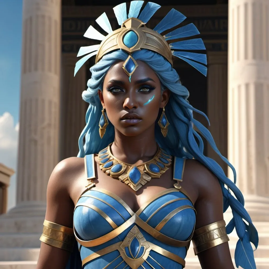 Prompt: HD 4k 3D, hyper realistic, professional modeling, ethereal Greek Goddess of Destructive War, blue hair, dark skin, gorgeous face,  grecian warrior armor, jade jewelry and headpiece, full body, destruction of cities, powerful, supreme war goddess, detailed, elegant, ethereal, mythical, Greek, goddess, surreal lighting, majestic, goddesslike aura