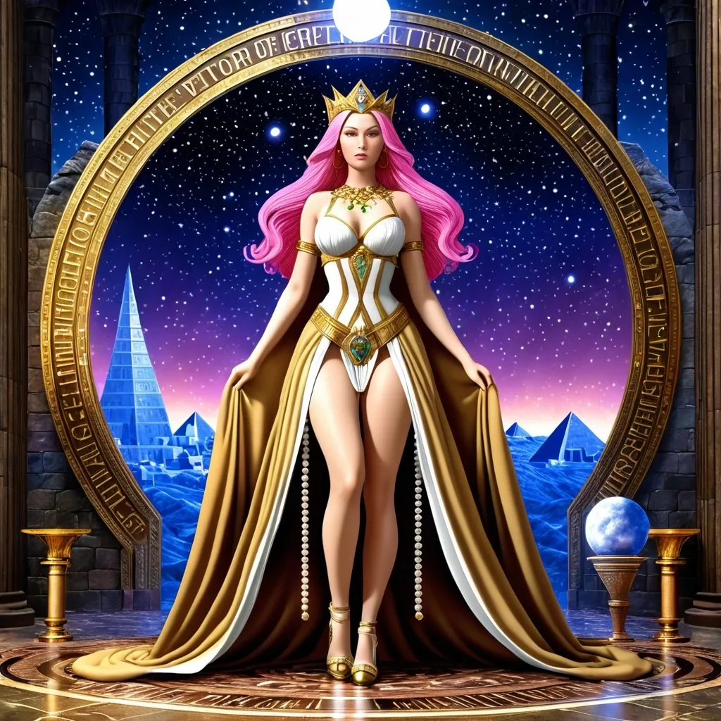 Prompt: anime, girl, detailed, pink hair, very detailed, HD 4k 3D 8k professional modeling photo hyper realistic beautiful woman enchanted, Princess Ida of Xanth,A small moon called Ptero orbits over her, holding every person in Xanth there ever was or might be. The Ida on Ptero has another moon (Pyramid) where the inhabitants use a barter system that results in givers gaining size and receivers losing size. Ida is the caretaker of every conceivable and inconceivable idea. The chain of moons extends to Mundania and cycles back to Ida herself.  , full body surrounded by ambient glow, magical, highly detailed, intricate, outdoor  landscape, high fantasy background, elegant, mythical, surreal lighting, majestic, goddesslike aura, Annie Leibovitz style 