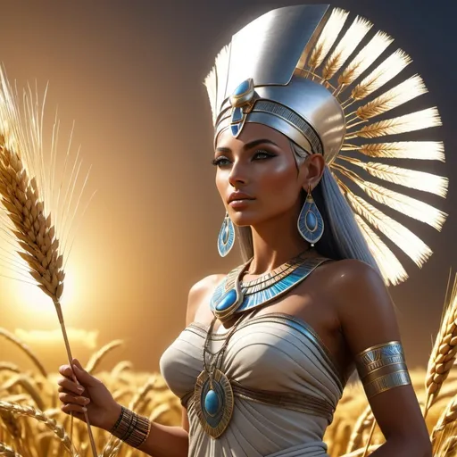 Prompt: HD 4k 3D, 8k, hyper realistic, professional modeling, ethereal Egyptian Goddess style, Harvest Goddess, beautiful, glowing tan skin, silver hair, mythical rustic outfit and jewelry, headpiece, full body, goddess of grain and weaving, Fantasy setting field of wheat, surrounded by ambient divine glow, detailed, elegant, surreal dramatic lighting, majestic, goddesslike aura, octane render, artistic and whimsical