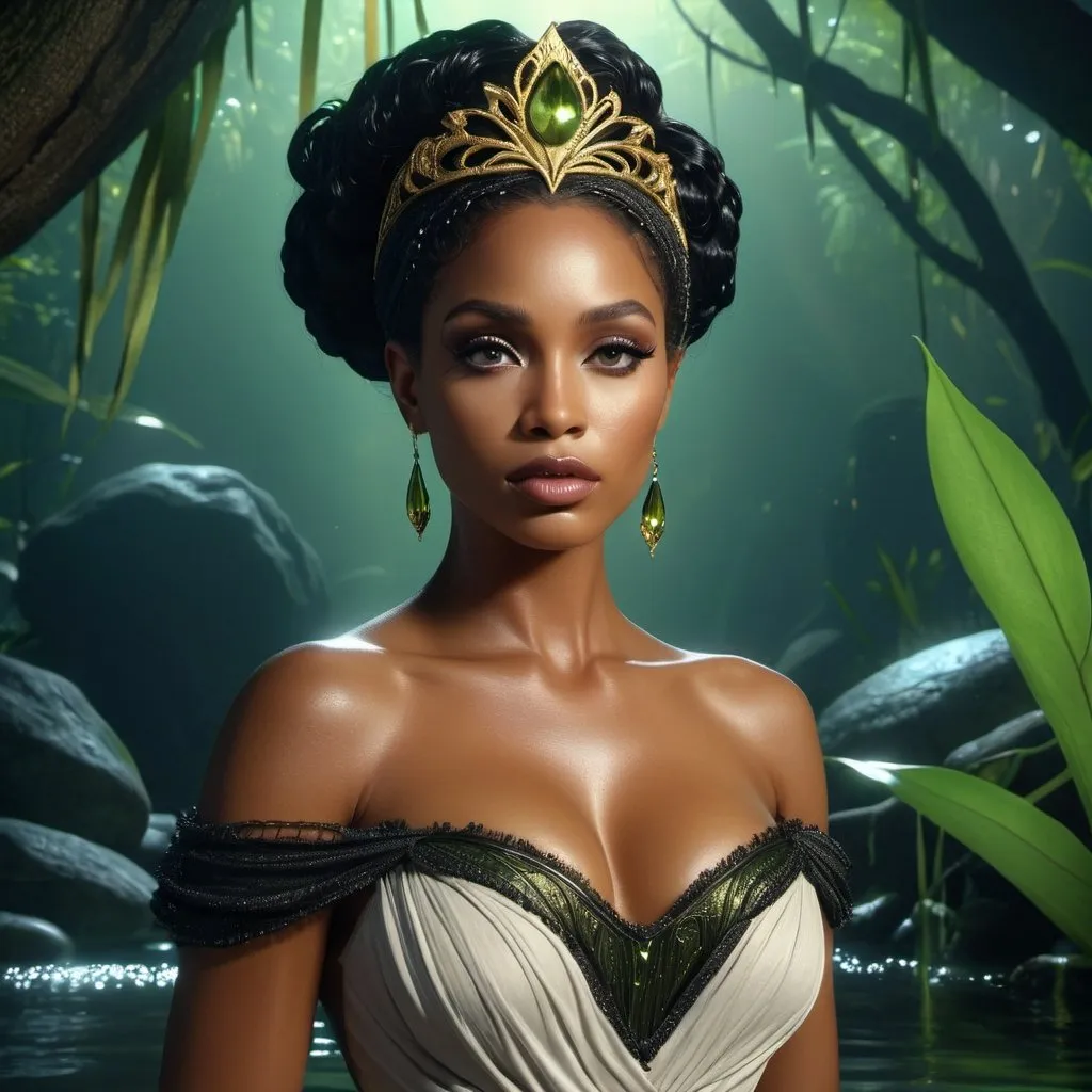 Prompt: HD 4k 3D, hyper realistic, professional modeling, enchanted black voodoo Princess - Tiana, beautiful, magical, detailed, highly realistic woman, high fantasy background, bayou, elegant, ethereal, mythical, Greek goddess, surreal lighting, majestic, goddesslike aura, Annie Leibovitz style 