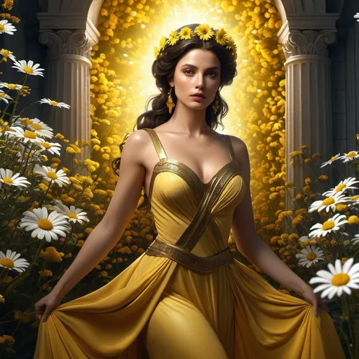 Prompt: HD 4k 3D 8k professional modeling photo hyper realistic beautiful woman Classic Princess ethereal greek goddess 
brunette gorgeous face yellow gown full body surrounded by ambient glow, daisies flowers vegetation, enchanted, magical, detailed, highly realistic woman, high fantasy background, elegant, mythical, surreal lighting, majestic, goddesslike aura, red and black flowers, Annie Leibovitz style 

