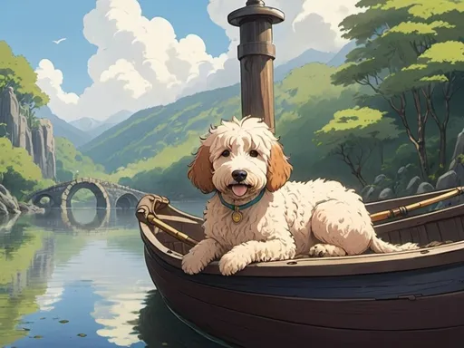 Prompt: 2d studio ghibli anime style, goldendoodle