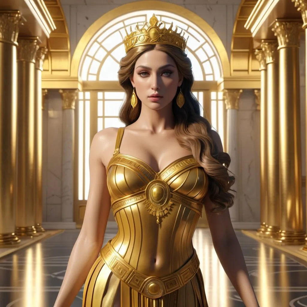 Prompt: HD 4k 3D, hyper realistic, professional modeling, enchanted Greek Princess - golden, beautiful, magical, gorgeous gold palace and riches, detailed, elegant, ethereal, mythical, Greek goddess, surreal lighting, majestic, goddesslike aura