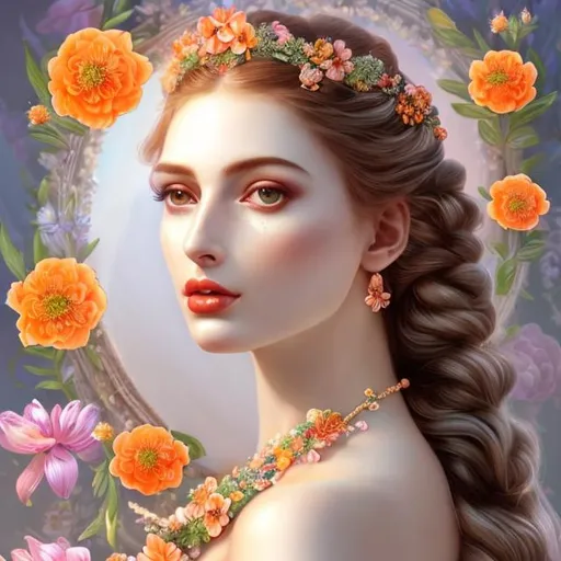 Prompt: HD 4k 3D, hyper realistic, professional modeling, ethereal Greek goddess of spring flowers, red and orange milkmaid braids, pale skin, floral embroidered gown, gorgeous face, floral jewelry and headband, full body, ambient glow, beautiful goddess surrounded by flowers in spring, flower and springtime,  detailed, elegant, ethereal, mythical, Greek, goddess, surreal lighting, majestic, goddesslike aura