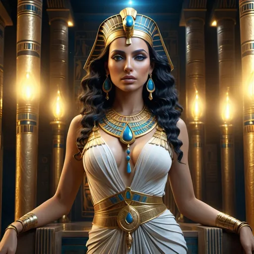 Prompt: HD 4k 3D 8k professional modeling photo hyper realistic beautiful woman Egyptian Princess ethereal greek goddess Amunet, primordial cosmic goddess, full body surrounded by ambient glow, Egyptian afterlife, enchanted, magical, highly detailed, intricate, highly realistic woman, high fantasy background, elegant, mythical, surreal lighting, majestic, goddesslike aura, Annie Leibovitz style 

