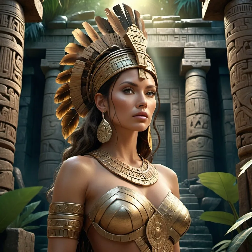 Prompt: HD 4k 3D 8k professional modeling photo hyper realistic beautiful woman enchanted Incan Princess, ethereal greek goddess, full body surrounded by ambient glow, magical, highly detailed, intricate, Peruvian Jungle temple ruins, outdoor landscape, highly realistic woman, high fantasy background, elegant, mythical, surreal lighting, majestic, goddesslike aura, Annie Leibovitz style 

