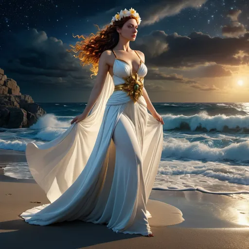 Prompt: HD 4k 3D 8k professional modeling photo hyper realistic beautiful woman enchanted white-magic Tempest Princess Miranda, ethereal greek goddess, full body surrounded by ambient glow, magical, highly detailed, intricate, blossoming colorful flowers on beach near stormy sea, starry night, witch, outdoor landscape, highly realistic woman, high fantasy background, elegant, mythical, surreal lighting, majestic, goddesslike aura, Annie Leibovitz style 


