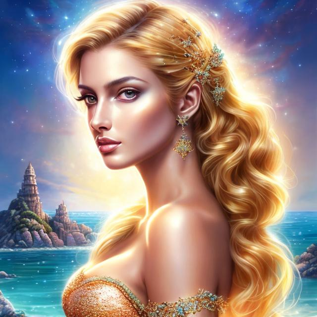 Prompt: HD 4k 3D, hyper realistic, professional modeling, ethereal Greek goddess of the stars, orange hair, tan skin, gorgeous face, gorgeous sparkling gown,  sparkling jewelry and headband of stars, pixie wings, full body, ambient starlight glow, starlight over the sea, sea-birds, dazzling light, landscape, detailed, elegant, ethereal, mythical, Greek, goddess, surreal lighting, majestic, goddesslike aura