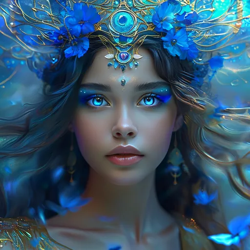 Prompt: Blue Fairy as an Ancient Cosmic Goddess, pre-Raphaelite time-lapse motion blur Abstract* cyber graffiti, High resolution, detailed portrait, Midjourney style, ethereal atmosphere, flowing hair, captivating eyes, cosmic mystical aura, vibrant colors, soft lighting, professional, digital painting, enchanting presence, fantasy, dreamy, female, mystical, detailed hair, captivating gaze, professional lighting, hyper realistic, HD 4k 3D, professional modeling, ethereal, gorgeous face, ambient divine glow, detailed and intricate, elegant, ethereal, mythical, goddess, radiant lighting,