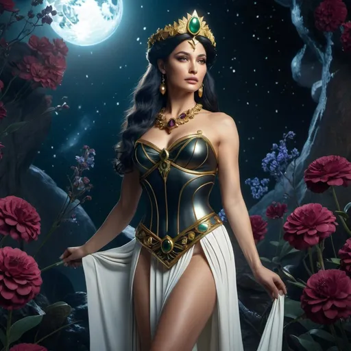 Prompt: HD 4k 3D 8k professional modeling photo hyper realistic beautiful woman enchanted Pluto Princess Meioa, ethereal greek goddess, full body surrounded by ambient glow, magical, highly detailed, intricate, beautiful Sailor Pluto style, Pluto, black flowers, garnets, cosmic underworld, outdoor landscape, highly realistic woman, high fantasy background, elegant, mythical, surreal lighting, majestic, goddesslike aura, Annie Leibovitz style 

