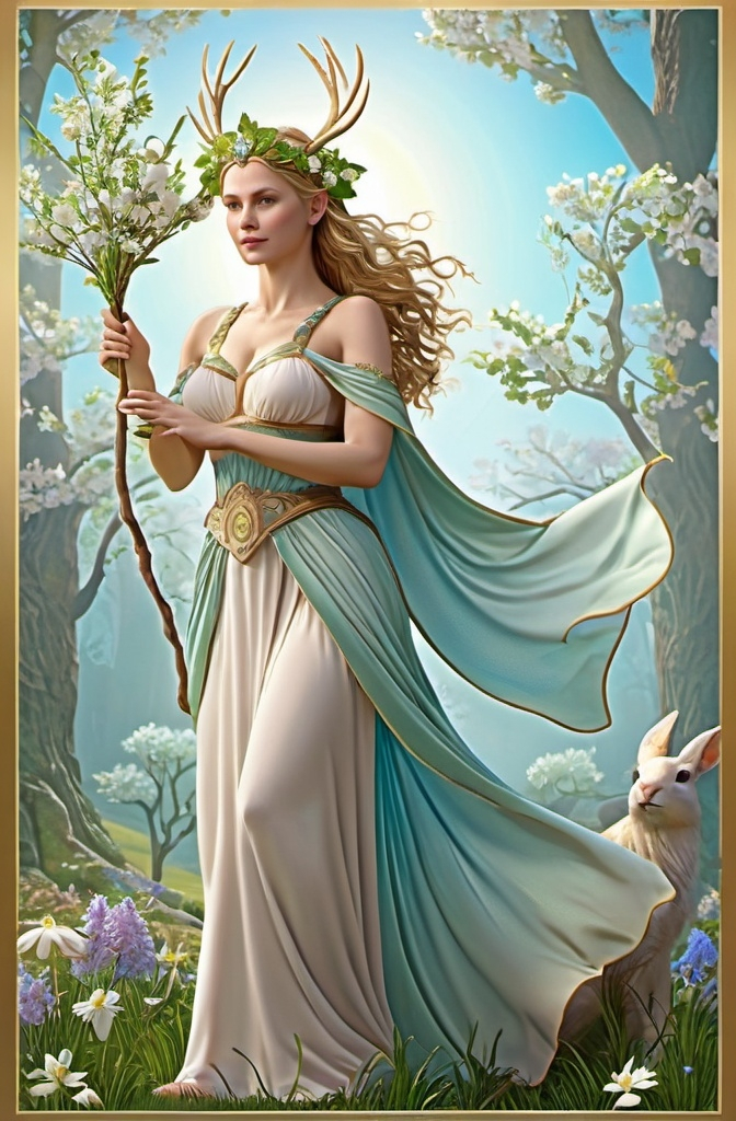 Prompt: Eostre Norse Goddess of Spring, hyperrealistic, HD 4k 3D 8k professional modeling photo, beautiful medium-tone maiden, enchanted, the divinity of the radiant dawn, of upspringing light, a spectacle that brings joy and blessing, surrounded by ambient glow, magical, highly detailed, intricate, mythical background, elegant, surreal lighting, majestic, goddesslike aura