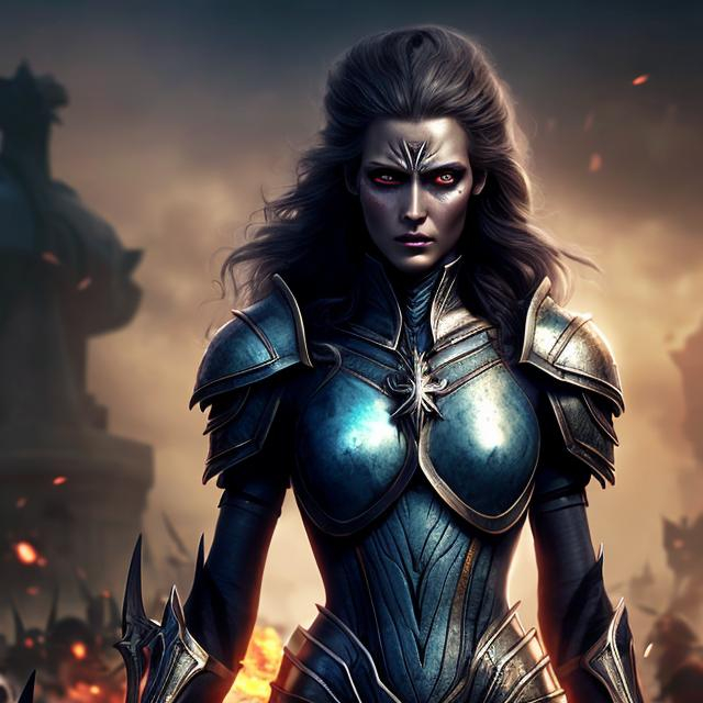 Prompt: HD 4k 3D 8k professional modeling photo hyper realistic beautiful frail demon woman ethereal greek goddess of retreat
dark blue hair updo yellow eyes gorgeous face pale skin tattered armor with shield and white flag full body surrounded by ambient glow hd landscape background retreating from battle 
