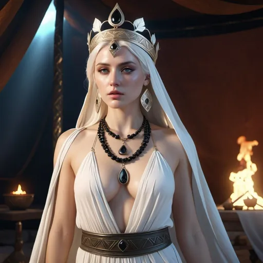 Prompt: HD 4k 3D, 8k, hyper realistic, professional modeling, ethereal Greek Goddess Briseis, white hair, pale skin, gorgeous glowing face, slavegirl outfit, black gemstone jewelry and diadem, concubine, ancient tent, surrounded by ambient divinity glow, detailed, elegant, mythical, surreal dramatic lighting, majestic, goddesslike aura