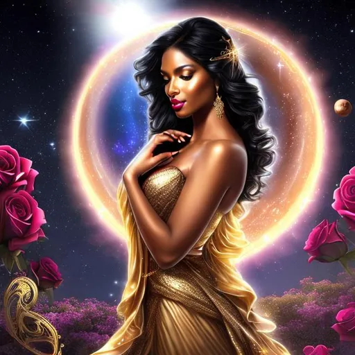 Prompt: HD 4k 3D 8k professional modeling photo hyper realistic beautiful woman ethereal greek goddess fairy of the dawn
black hair gorgeous face dark skin gold gown with roses gold shining jewelry gold shining diadem fairy wings full body surrounded by ambient rosy glow of the sun hd landscape magic cosmic sky changing from night to dawn 

