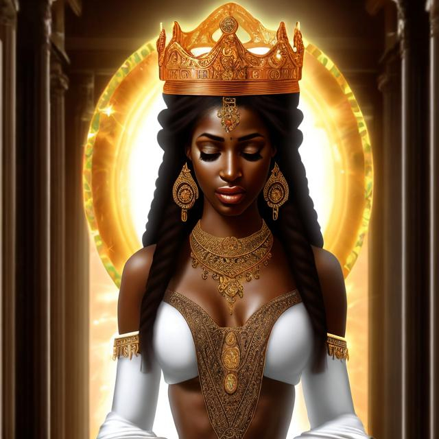 Prompt: HD 4k 3D, hyper realistic, professional modeling, ethereal Greek goddess of afternoon prayer, brown and black half up twist hair, brown skin, gorgeous face, priestess dress, religious jewelry and crown, full body, ambient glow of afternoon, alluring goddess, praying, afternoon meditation, piety, detailed, elegant, ethereal, mythical, Greek, goddess, surreal lighting, majestic, goddesslike aura