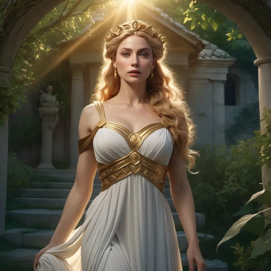 Prompt: HD 4k 3D, hyper realistic, professional modeling, enchanted European goddess mythology Princess, beautiful, magical, detailed, highly realistic woman, cottagecore style background and landscape, elegant, ethereal, mythical, Greek goddess, surreal lighting, majestic, goddesslike aura, Annie Leibovitz style 