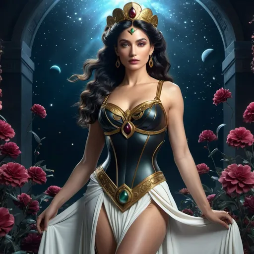 Prompt: HD 4k 3D 8k professional modeling photo hyper realistic beautiful woman enchanted Pluto Princess Meioa, ethereal greek goddess, full body surrounded by ambient glow, magical, highly detailed, intricate, beautiful Sailor Pluto style, Pluto, black flowers, garnets, cosmic underworld, outdoor landscape, highly realistic woman, high fantasy background, elegant, mythical, surreal lighting, majestic, goddesslike aura, Annie Leibovitz style 

