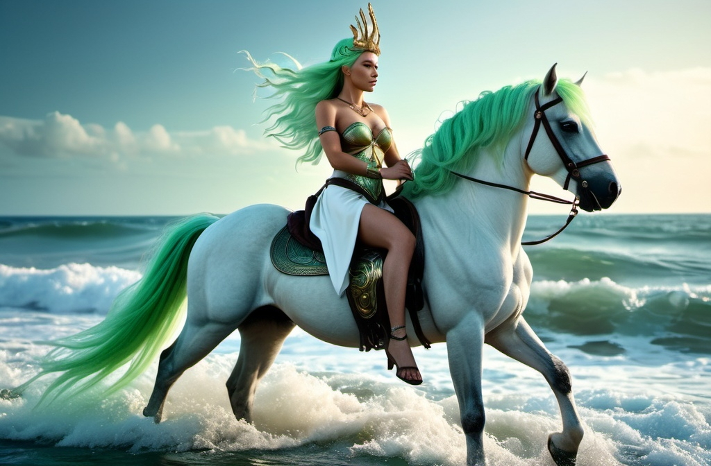 Prompt: Gna Norse Messenger Goddess,  hyper realistic, HD 4k 3D, professional modeling, ethereal, light green hair, medium skin, gorgeous face, gorgeous jewelry and headpiece, full body, she rides a flying sea-treading white horse, ambient glow, ocean landscape, detailed, elegant, ethereal, mythical, goddess, moody lighting, majestic, goddesslike aura, Norse Mythology