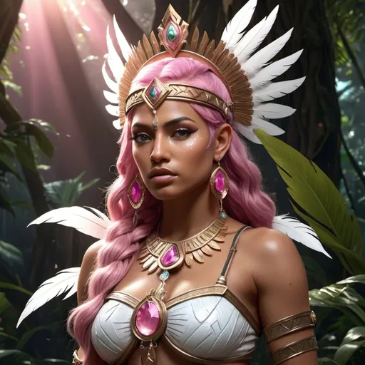 Prompt: HD 4k 3D, 8k, hyper realistic, professional modeling, ethereal Greek Goddess and Amazonian Warrior, pink hair, brown skin, gorgeous glowing face, Amazonian Warrior armor, quartz jewelry and tiara, Amazon warrior, tattoos, full body, jungle, adorned with white feathers and flowers, archer, surrounded by ambient divine glow, detailed, elegant, mythical, surreal dramatic lighting, majestic, goddesslike aura