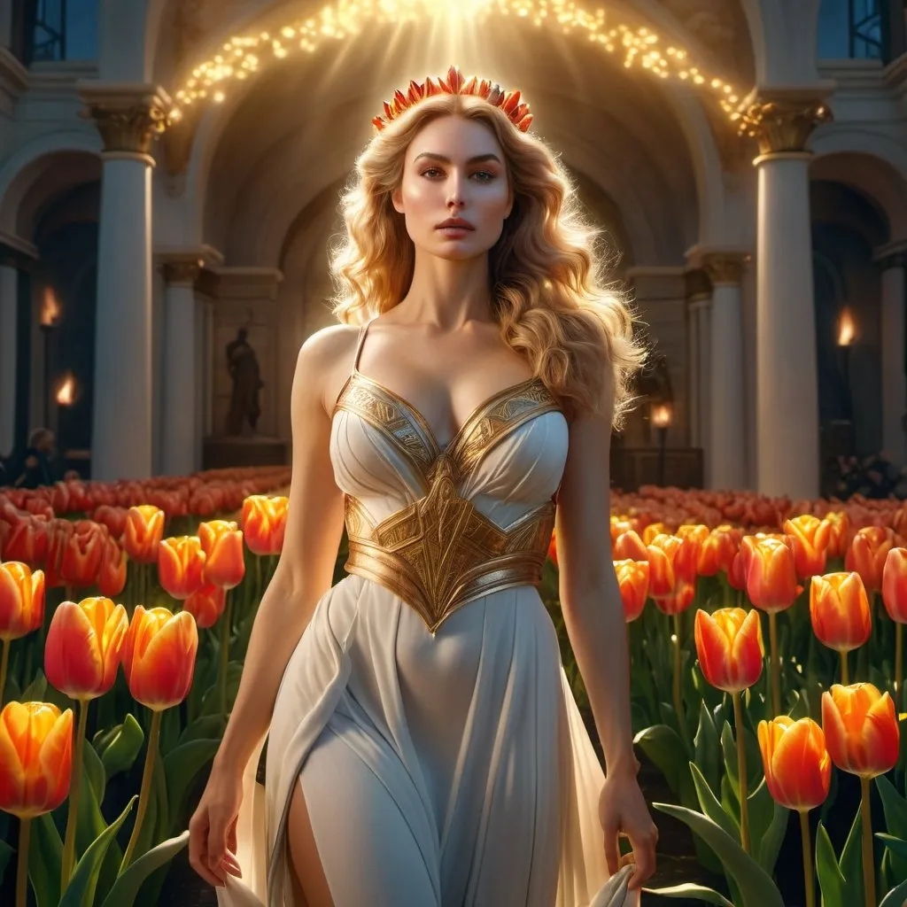 Prompt: HD 4k 3D 8k professional modeling photo hyper realistic beautiful woman Dutch Summer Princess ethereal greek goddess gorgeous face full body surrounded by ambient glow, enchanted, magical, detailed, highly realistic woman, high fantasy background, tulips, elegant, mythical, surreal lighting, majestic, goddesslike aura, Annie Leibovitz style 

