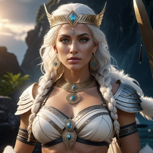 Prompt: HD 4k 3D, 8k, hyper realistic, professional modeling, ethereal Greek Goddess and Amazonian Queen, white hair, medium freckled skin, gorgeous glowing face, Amazonian Warrior fur armor, black jewelry and diadem, Amazon warrior, tattoos, full body, mountains, paradise, surrounded by ambient divine glow, detailed, elegant, mythical, surreal dramatic lighting, majestic, goddesslike aura