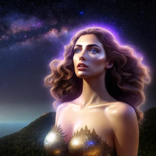 Prompt: HD 4k 3D, hyper realistic, professional modeling, ethereal Greek goddess of the stars, shiny purple hair, dark freckled skin, gorgeous face, gorgeous dark starry dress, dark starry jewelry and crown of stars, fairy wings, full body, ambient starlight glow, overlooking mountain, dazzling light, landscape, detailed, elegant, ethereal, mythical, Greek, goddess, surreal lighting, majestic, goddesslike aura