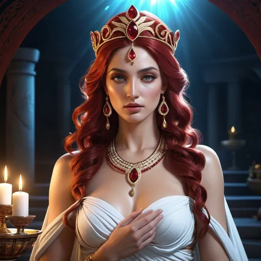 Prompt: HD 4k 3D, 8k, hyper realistic, professional modeling, ethereal Greek Goddess and Theban Oracle, red topsy tail hair, white skin, gorgeous glowing face, priestess gown, spinel jewelry and tiara, magical seer, spring of water by osteospermum flowers, fortune teller and diviner, surrounded by ambient divinity glow, detailed, elegant, mythical, surreal dramatic lighting, majestic, goddesslike aura