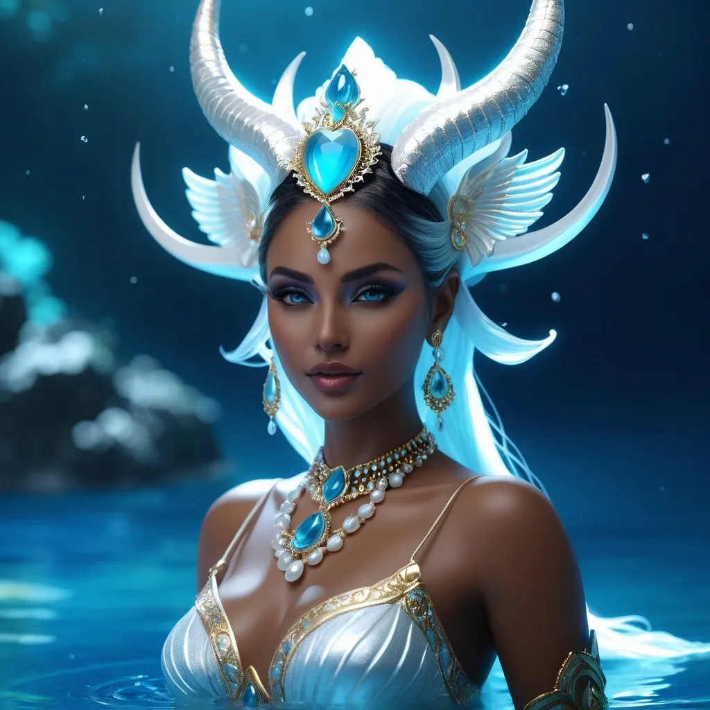 Prompt: Abyzou is the name of a female demon. Abyzou was blamed for miscarriages and infant mortality and was said to be motivated by envy, as she herself was infertile. hyper realistic, HD 4k 3D, professional modeling, ethereal, gorgeous face, Ocean jewelry and headpiece, ambient divine glow, detailed and intricate, elegant, ethereal, mythical, goddess, radiant lighting, majestic, goddesslike aura, she lives in a mystic ocean abyss