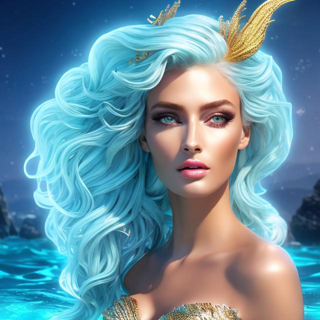 Prompt: HD 4k 3D 8k professional modeling photo hyper realistic beautiful woman ethereal greek goddess sea nymph 
white hair mixed skin gorgeous face ocean jewelry ocean tiara  mermaid tail full body surrounded by ambient glow hd landscape seals

