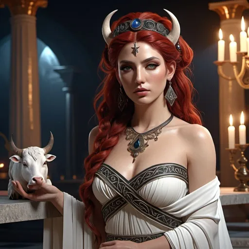 Prompt: HD 4k 3D, hyper realistic, professional modeling, ethereal Greek Goddess Witch, red half up twisted hair, ivory skin, gorgeous face, grecian embroidered gown, obsidian jewelry and headband, full body, witchcraft, sorceress, magical island, white bull companion, detailed, elegant, ethereal, mythical, Greek, goddess, surreal lighting, majestic, goddesslike aura