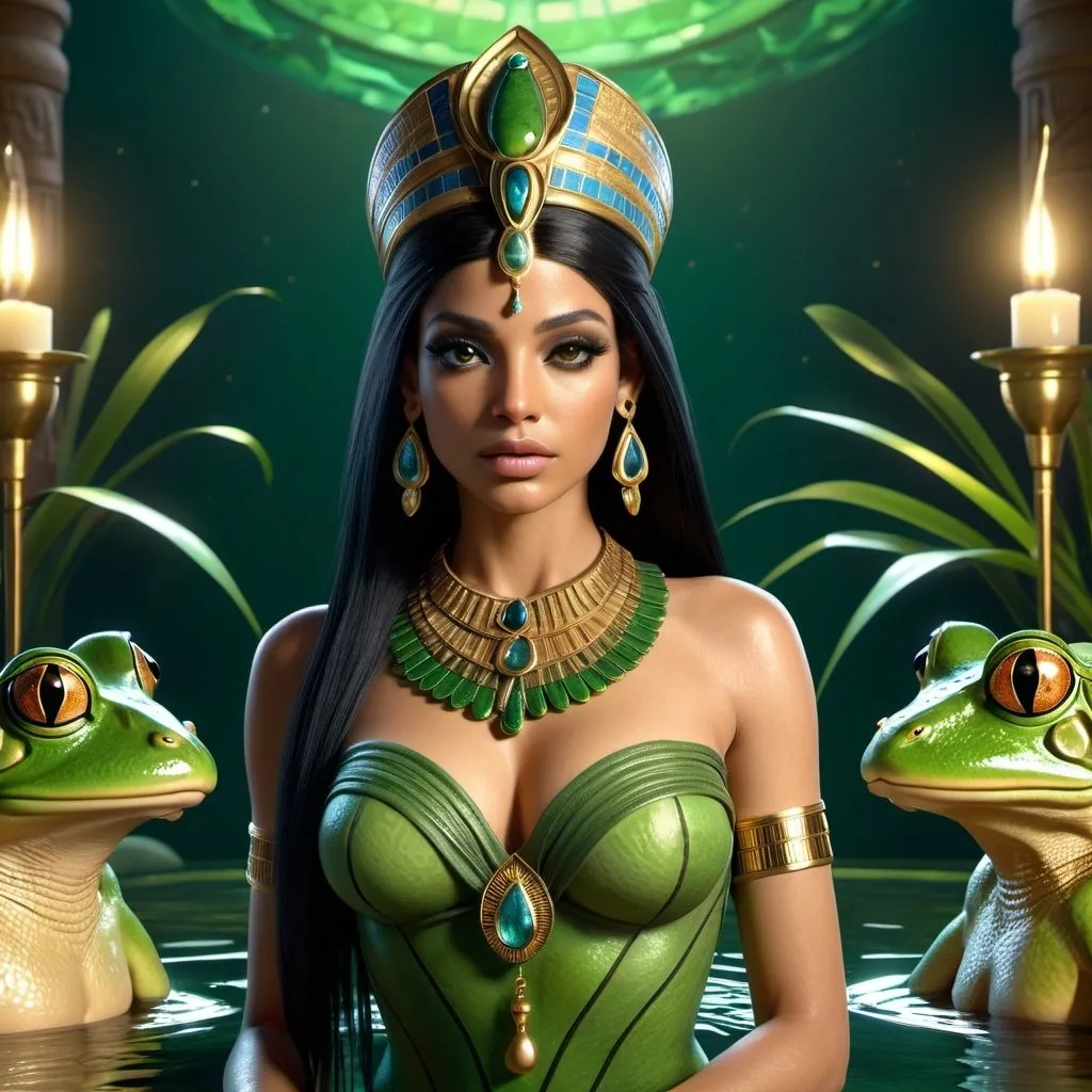 Prompt: HD 4k 3D, 8k, hyper realistic, professional modeling, ethereal Egyptian Frog Goddess Heqet, beautiful, glowing mixed skin, black hair, mythical green clothing and jewelry, headpiece, frog goddess, full body, surrounded by frogs in a pond, Fantasy setting, surrounded by ambient divine glow, detailed, elegant, surreal dramatic lighting, majestic, goddesslike aura, octane render