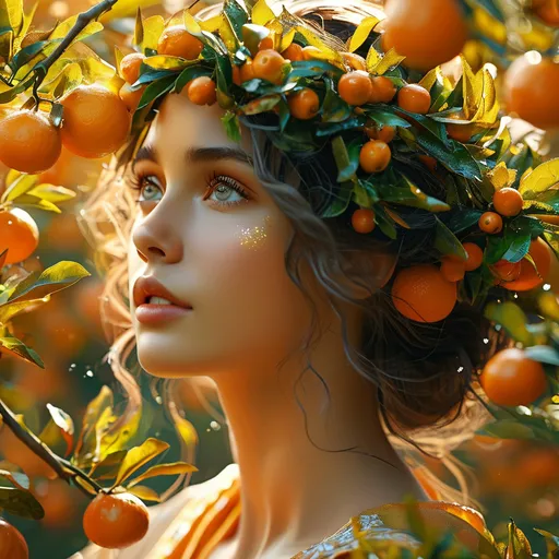 Prompt: Pomona, Ancient Roman Orange Goddess of fruit trees, gardens, and orchards, Pre-Raphaelite time-lapse motion blur Abstract* cyber graffiti, High resolution, detailed portrait, Midjourney style, ethereal atmosphere, flowing hair, captivating eyes, cosmic mystical aura, vibrant colors, soft lighting, professional, digital painting, enchanting presence, fantasy, dreamy, female, mystical, detailed hair, captivating gaze, professional lighting, hyper realistic, HD 4k 3D, professional modeling, ethereal, gorgeous face, ambient divine glow, detailed and intricate, elegant, ethereal, mythical, goddess, radiant lighting, majestic, goddesslike aura, in beautiful blooming orchard