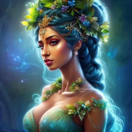 Prompt: HD 4k 3D, hyper realistic, professional modeling, ethereal Greek goddess of trees, blue topsy tail hair, black skin, gorgeous face, gorgeous tree dress, tree jewelry and headband, full body, ambient neon glow, tree nymph mountain, landscape, detailed, elegant, ethereal, mythical, Greek, goddess, surreal lighting, majestic, goddesslike aura