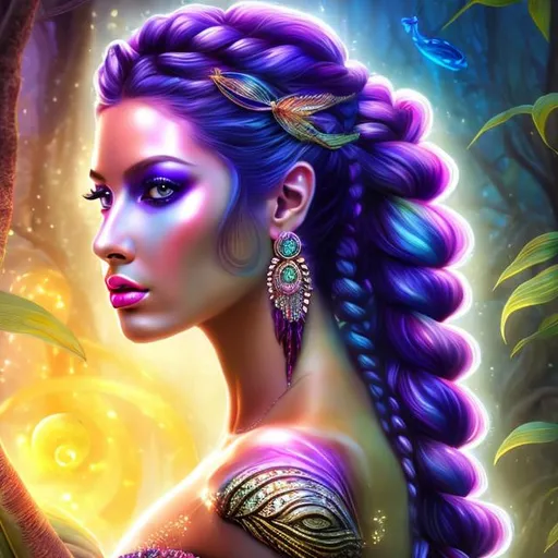 Prompt: HD 4k 3D 8k professional modeling photo hyper realistic beautiful woman ethereal greek goddess native american river mermaid
purple bubble braids hair brown skin gorgeous face  jewelry native american headband colored mermaid tail full body surrounded by ambient glow hd landscape native american river white poplars

