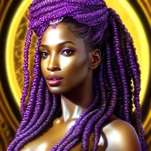 Prompt: HD 4k 3D, hyper realistic, professional modeling, ethereal Greek goddess of joyous abundance, purple and brown braided hair, mixed skin, luxurious gown, gorgeous face,  opulent jewelry and ivy crown, full body, ambient glow, festival, rich banquet background, detailed, elegant, ethereal, mythical, Greek, goddess, surreal lighting, majestic, goddesslike aura