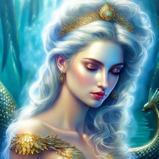 Prompt: HD 4k 3D, hyper realistic, professional modeling, ethereal Greek goddess of fresh water, white hair, mixed skin, gorgeous face, gorgeous mermaid, freshwater jewelry and headband, full body, ambient glow, lady of the lake, mermaid, landscape, detailed, elegant, ethereal, mythical, Greek, goddess, surreal lighting, majestic, goddesslike aura