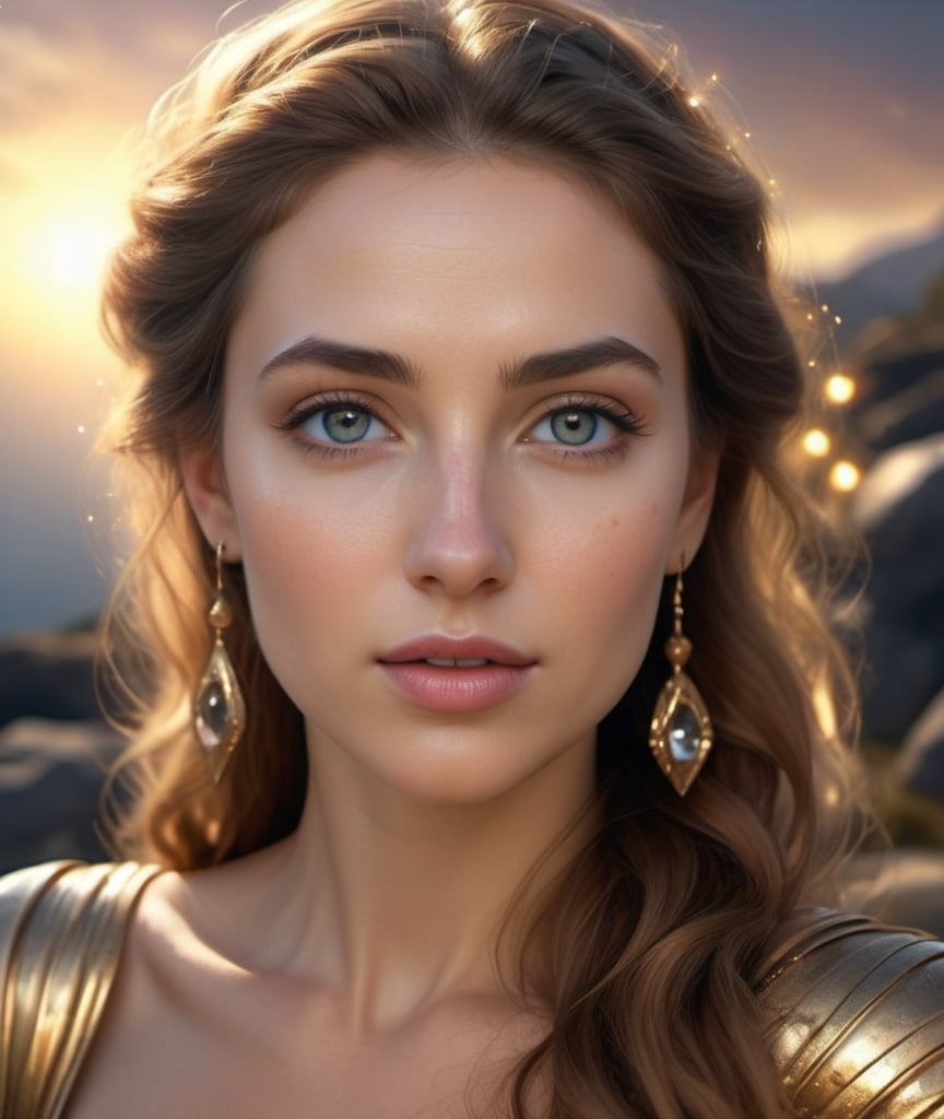 Prompt: HD 4k 3D 8k professional modeling photo hyper realistic beautiful woman enchanted Universe Princess, ethereal greek goddess, full body surrounded by ambient glow, magical, highly detailed, intricate, solar system, starlight, outdoor landscape, highly realistic woman, high fantasy background, elegant, mythical, surreal lighting, majestic, goddesslike aura, Annie Leibovitz style 

