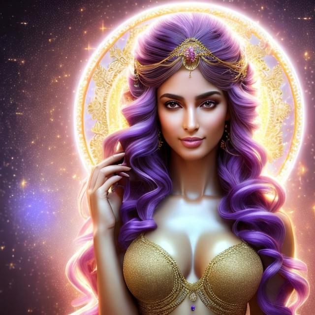 Prompt: HD 4k 3D, hyper realistic, professional modeling, ethereal Greek goddess of good cheer and happiness, purple hair, olive skin, dancing gown, gorgeous face, party jewelry and diadem, full body, ambient glow, joyful, merry, mirth, Spring background, detailed, elegant, ethereal, mythical, Greek, goddess, surreal lighting, majestic, goddesslike aura