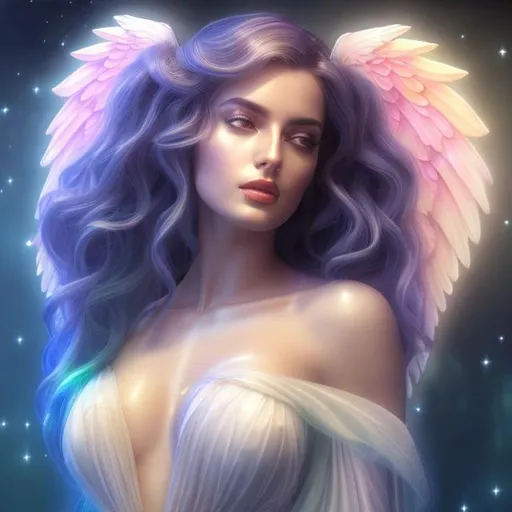 Prompt: HD 4k 3D, hyper realistic, professional modeling, ethereal Greek goddess of the Rainbow, rainbow hair, gorgeous rainbow dress, gemstone jewelry and headpiece, angel wings, full body, ambient glow, creating a beautiful rainbow, dazzling light, landscape, detailed, elegant, ethereal, mythical, Greek, goddess, surreal lighting, majestic, goddesslike aura