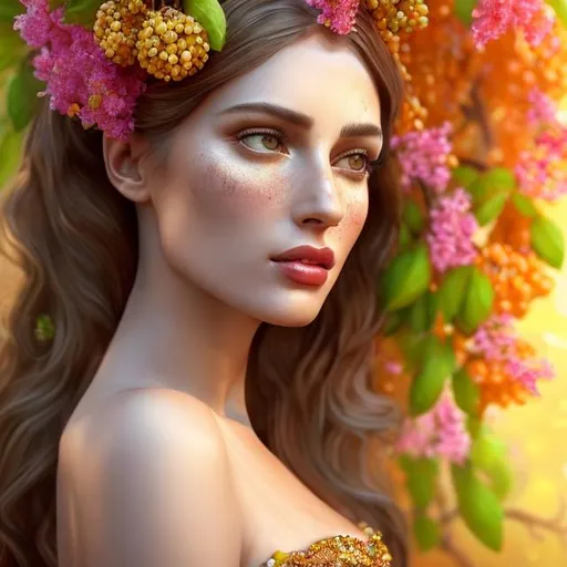 Prompt: HD 4k 3D, hyper realistic, professional modeling, ethereal  Greek goddess of fruit trees, amber hair, mixed freckled skin, gorgeous face, gorgeous fruit tree dress, tree jewelry and amber tiara, full body, ambient sunshine glow, fruit tree nymph, landscape, detailed, elegant, ethereal, mythical, Greek, goddess, surreal lighting, majestic, goddesslike aura