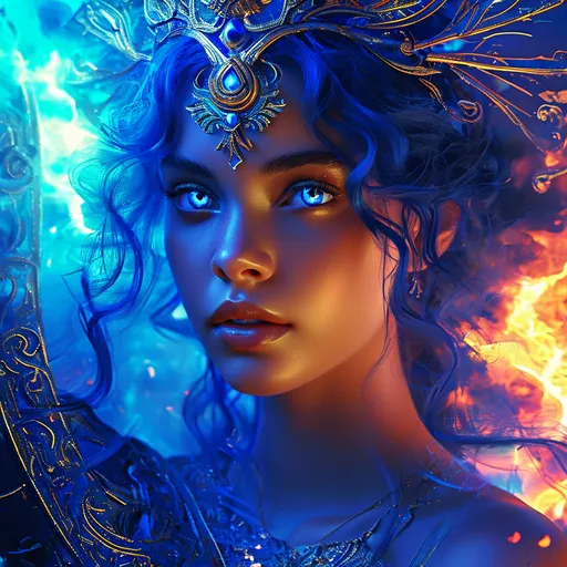 Prompt: Mefitis, blue haired Roman Goddess of Volcanoes, pre-Raphaelite time-lapse motion blur Abstract* cyber graffiti, High resolution, detailed portrait, Midjourney style, ethereal atmosphere, flowing hair, captivating eyes, cosmic mystical aura, vibrant colors, soft lighting, professional, digital painting, enchanting presence, fantasy, dreamy, female, mystical, detailed hair, captivating gaze, professional lighting, hyper realistic, HD 4k 3D, professional modeling, ethereal, gorgeous face, ambient divine glow, detailed and intricate, elegant, ethereal, mythical, goddess, radiant lighting, powerful symbols of volcanic lava and steam