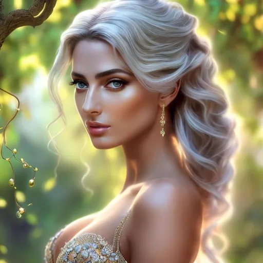 Prompt: HD 4k 3D, hyper realistic, professional modeling, ethereal Greek goddess of wine and friendship, white hair, tan skin, gorgeous face, gorgeous grecian embroidered gown,  jewelry and diadem of vines, nymph, full body, ambient glow, vineyard, landscape, detailed, elegant, ethereal, mythical, Greek, goddess, surreal lighting, majestic, goddesslike aura