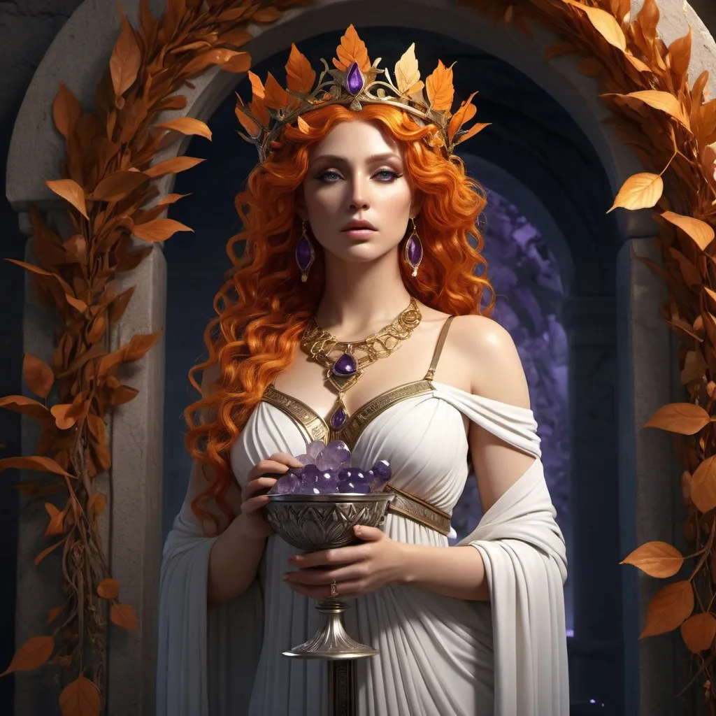 Prompt: HD 4k 3D, hyper realistic, professional modeling, ethereal Greek Muse of Tragedy, bright orange hair, mixed skin, gorgeous face, grecian long sleeved dress, amethyst jewelry and crown of leaves, full body, in mourning, goblet, in tomb, holding dagger, precious jewels,  detailed, elegant, ethereal, mythical, Greek, goddess, surreal lighting, majestic, goddesslike aura