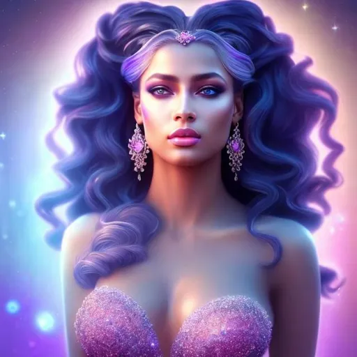 Prompt: HD 4k 3D, hyper realistic, professional modeling, ethereal Greek goddess of twilight, blue ombre hair, black skin, light purple and pink dress, gorgeous face, sparkling jewelry and diadem, full body, ambient glow of twilight, alluring sun goddess at morning light, music playing, detailed, elegant, ethereal, mythical, Greek, goddess, surreal lighting, majestic, goddesslike aura