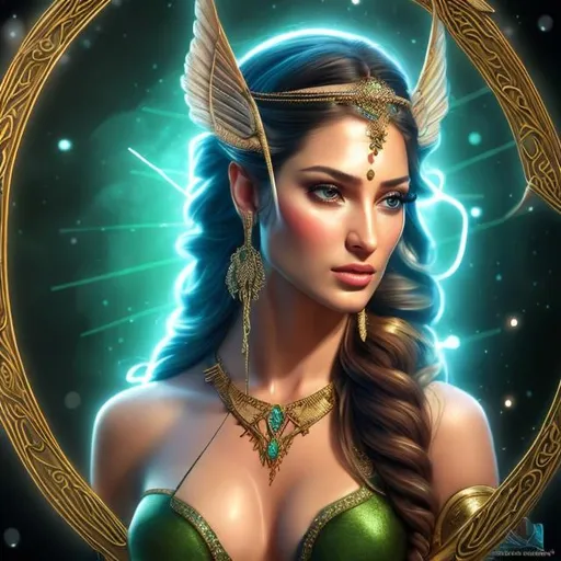 Prompt: HD 4k 3D, hyper realistic, professional modeling, ethereal Greek goddess of trajectory, green twist hair, light skin, gorgeous face, gorgeous archer armor,  rustic jewelry and headpiece, full body, ambient glow, archery maiden, nymph, landscape, detailed, elegant, ethereal, mythical, Greek, goddess, surreal lighting, majestic, goddesslike aura