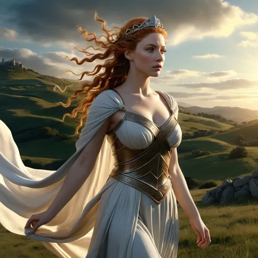 Prompt: HD 4k 3D, hyper realistic, professional modeling, enchanted Medieval Scottish goddess mythology Princess, beautiful, magical, detailed, highly realistic woman, high fantasy Scottish rolling hills landscape, elegant, ethereal, mythical, Greek goddess, surreal lighting, majestic, goddesslike aura, Annie Leibovitz style 