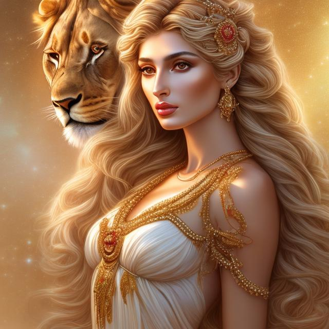 Prompt: HD 4k 3D, hyper realistic, professional modeling, ethereal Greek goddess of beauty, white hair, tan skin, red embroidered gown, gorgeous face, ruby and gold jewelry and headband, full body, ambient glow, beautiful goddess on rocks with a lion, bonfire at evening, detailed, elegant, ethereal, mythical, Greek, goddess, surreal lighting, majestic, goddesslike aura