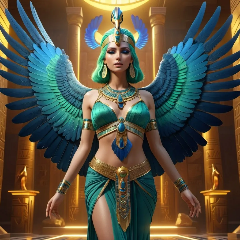 Prompt: HD 4k 3D, 8k, hyper realistic, professional modeling, ethereal Egyptian Goddess style, beautiful with vulture wings, glowing pale skin, green hair, mythical blue gown and jewelry, headband, full body, heavenly, Fantasy setting, colorful feathers, surrounded by ambient divine glow, detailed, elegant, surreal dramatic lighting, majestic, goddesslike aura, octane render, artistic and whimsical